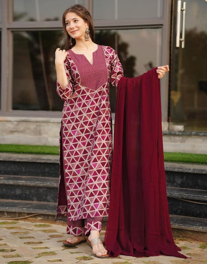 Maroon Printed Rayon Straight Kurta With Pant And Dupatta