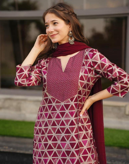 Maroon Printed Rayon Straight Kurta With Pant And Dupatta