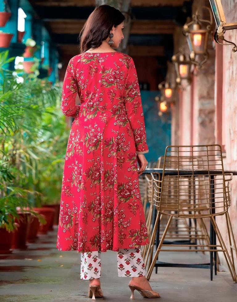 Cherry Red Printed Angrakha Kurti with Pant And Dupatta