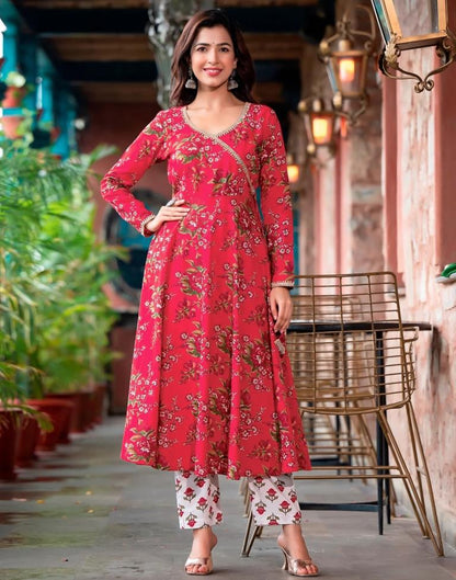 Cherry Red Printed Angrakha Kurti with Pant And Dupatta