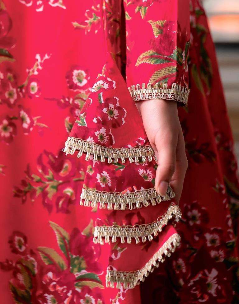 Cherry Red Printed Angrakha Kurti with Pant And Dupatta