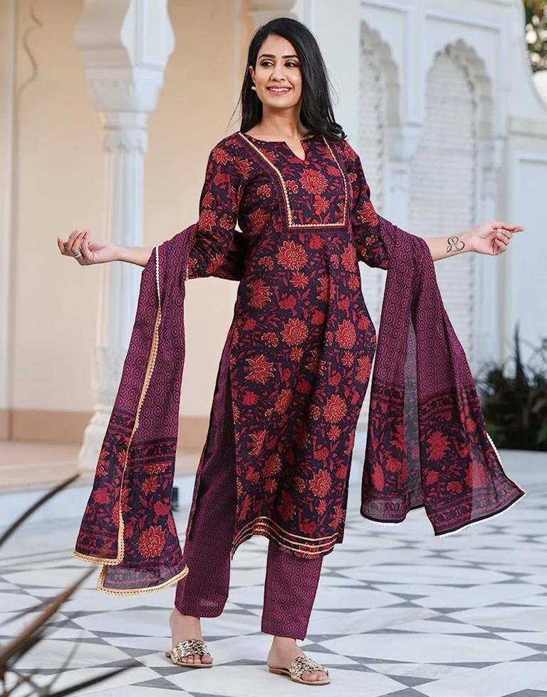 Wine Printed Rayon Straight Kurta With Pant And Dupatta