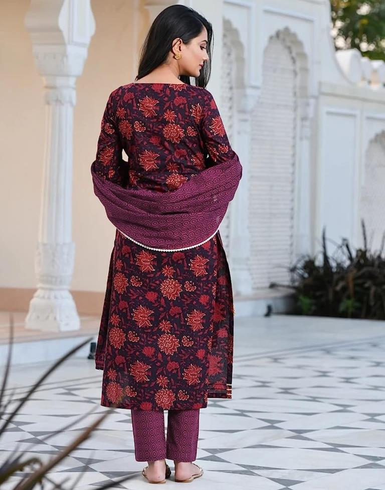 Wine Printed Rayon Straight Kurta With Pant And Dupatta