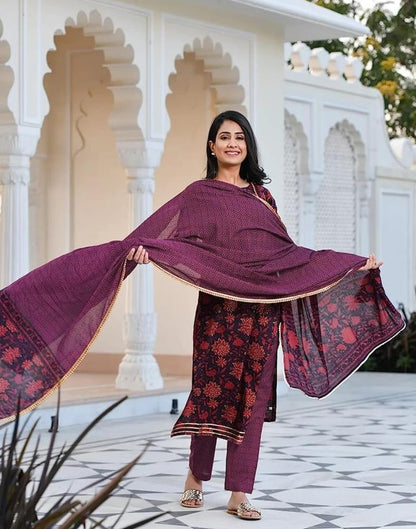 Wine Printed Rayon Straight Kurta With Pant And Dupatta