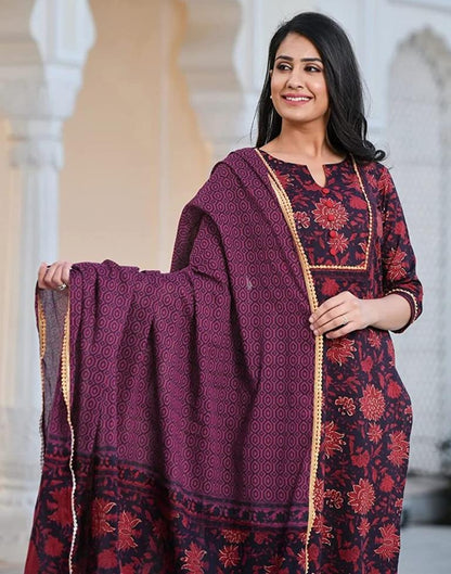 Wine Printed Rayon Straight Kurta With Pant And Dupatta