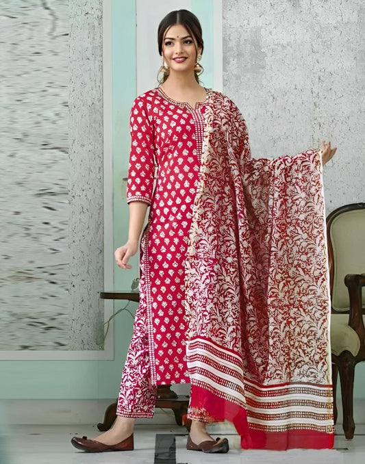 Red Digital Printed Kurta With Pant And Dupatta