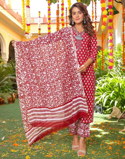 Red Digital Printed Kurta With Pant And Dupatta