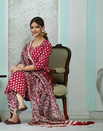 Red Digital Printed Kurta With Pant And Dupatta