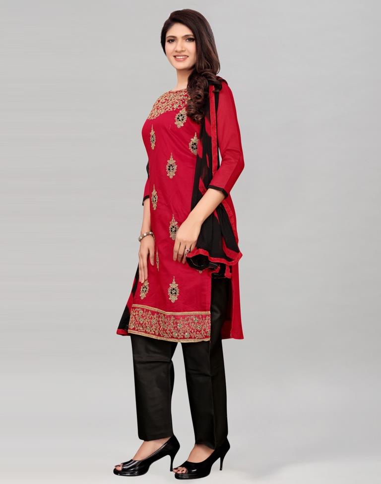 Red Chanderi Silk Embroidered Unstitched Salwar Suit | Sudathi