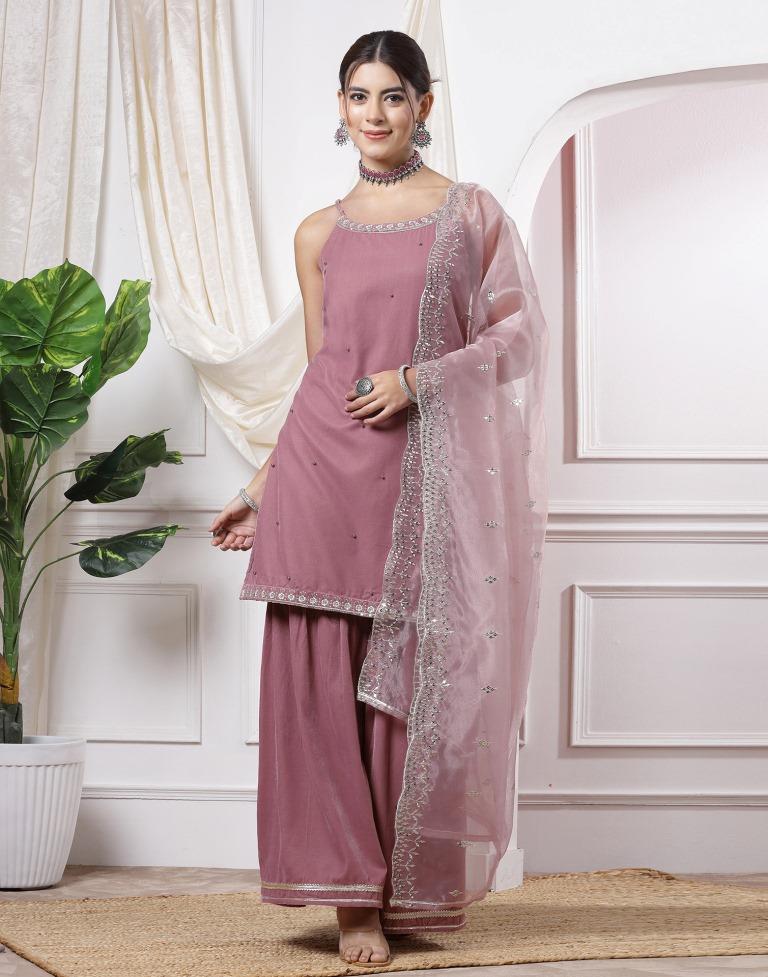 Dusty Pink Embroidery Velvet Straight kurta With Pant And Dupatta