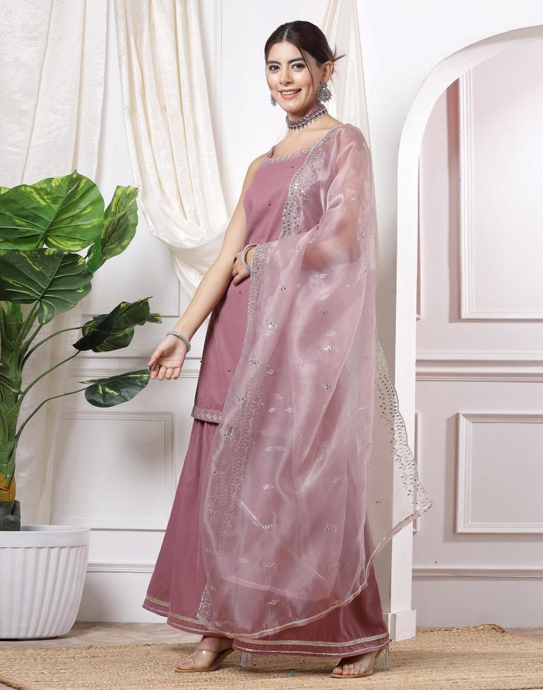 Dusty Pink Embroidery Velvet Straight kurta With Pant And Dupatta