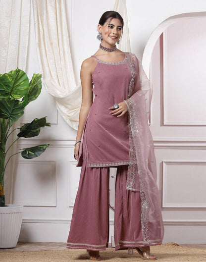 Dusty Pink Embroidery Velvet Straight kurta With Pant And Dupatta