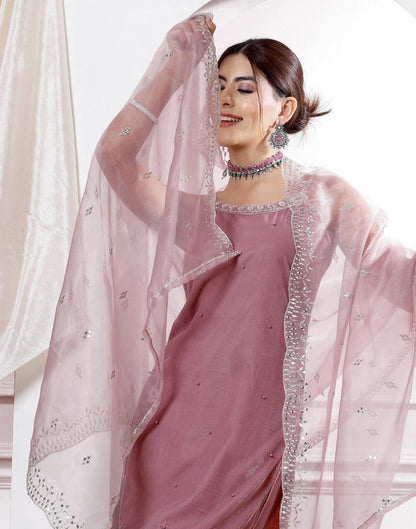 Dusty Pink Embroidery Velvet Straight kurta With Pant And Dupatta