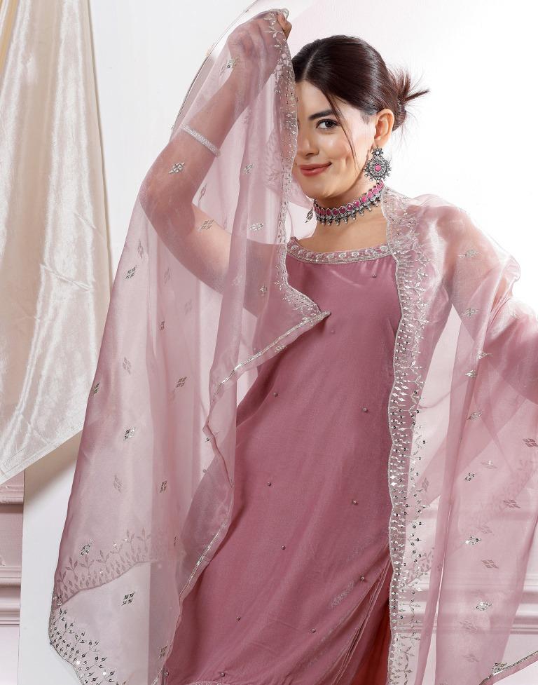 Dusty Pink Embroidery Velvet Straight kurta With Pant And Dupatta