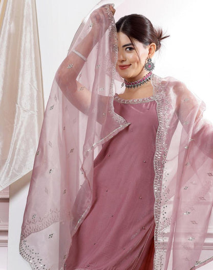 Dusty Pink Embroidery Velvet Straight kurta With Pant And Dupatta