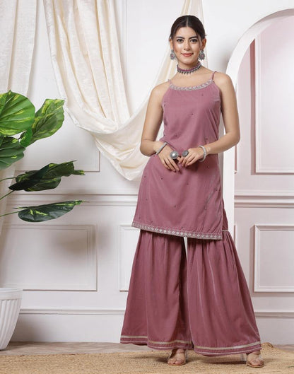 Dusty Pink Embroidery Velvet Straight kurta With Pant And Dupatta