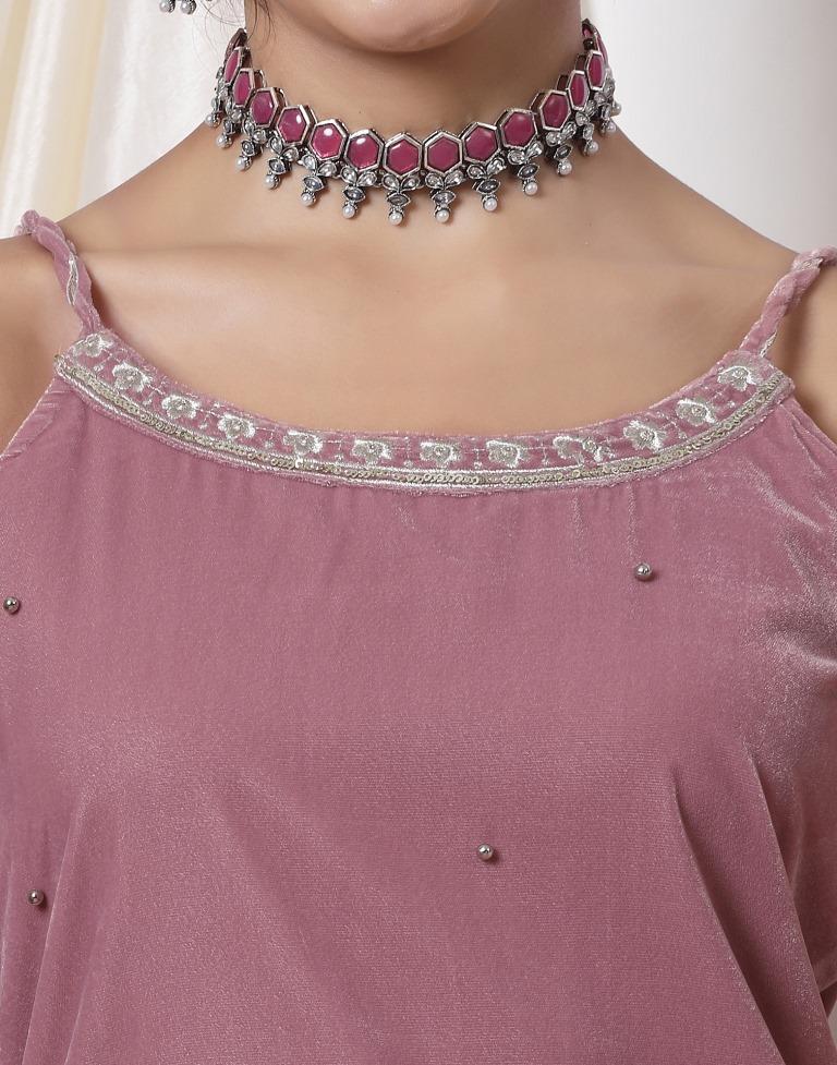 Dusty Pink Embroidery Velvet Straight kurta With Pant And Dupatta