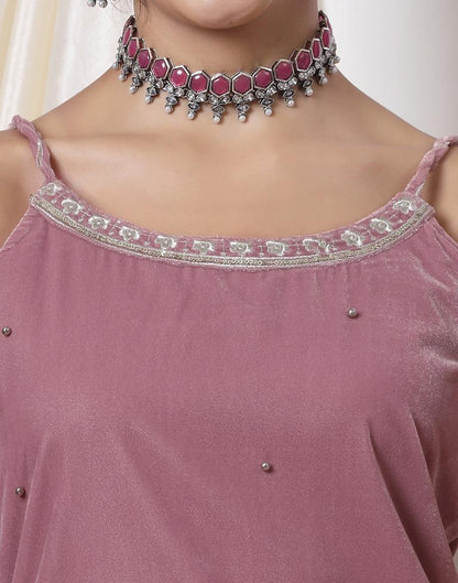 Dusty Pink Embroidery Velvet Straight kurta With Pant And Dupatta