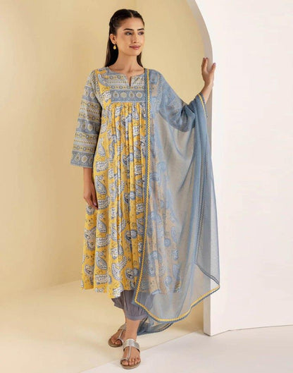 Yellow Gathered Kurta With Pant And Dupatta