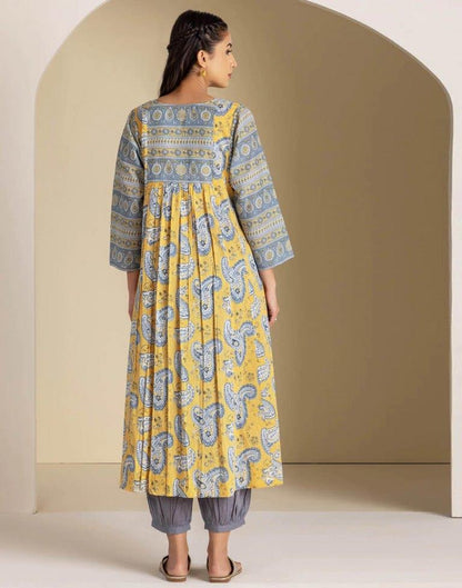 Yellow Gathered Kurta With Pant And Dupatta