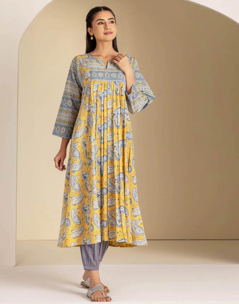 Yellow Gathered Kurta With Pant And Dupatta