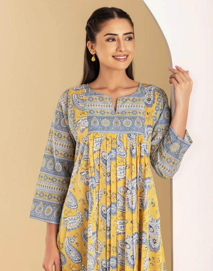 Yellow Gathered Kurta With Pant And Dupatta