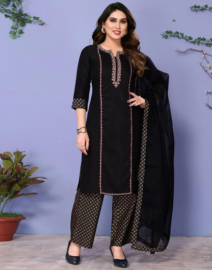 Black Gathered Kurta With Pant And Dupatta