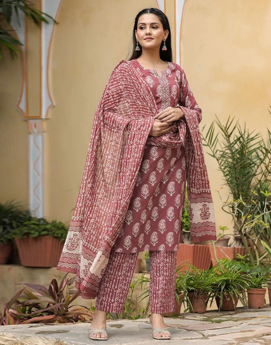 Dusty Pink Printed Rayon Straight Kurta With Pant And Dupatta