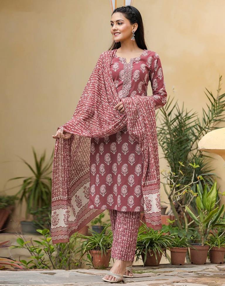 Dusty Pink Printed Rayon Straight Kurta With Pant And Dupatta