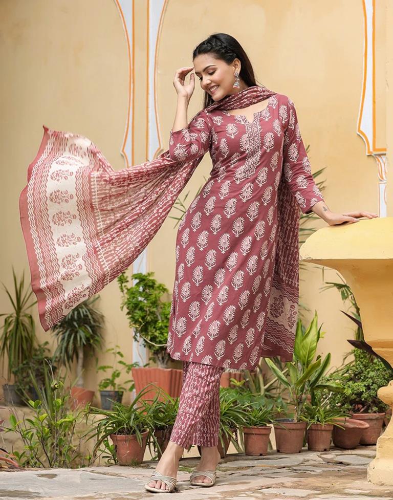 Dusty Pink Printed Rayon Straight Kurta With Pant And Dupatta