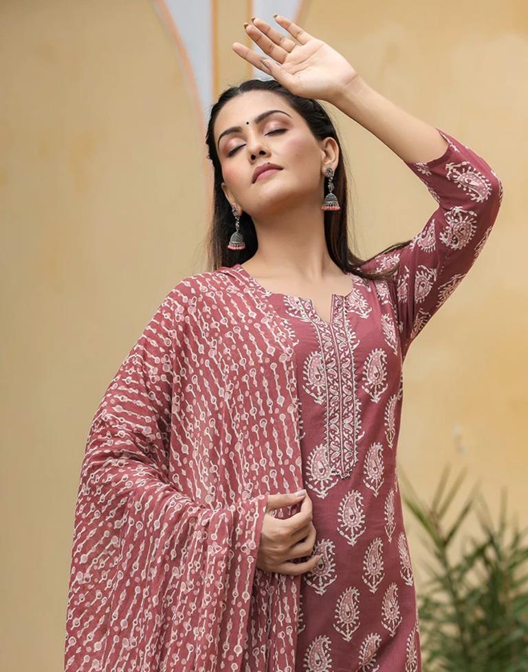 Dusty Pink Printed Rayon Straight Kurta With Pant And Dupatta