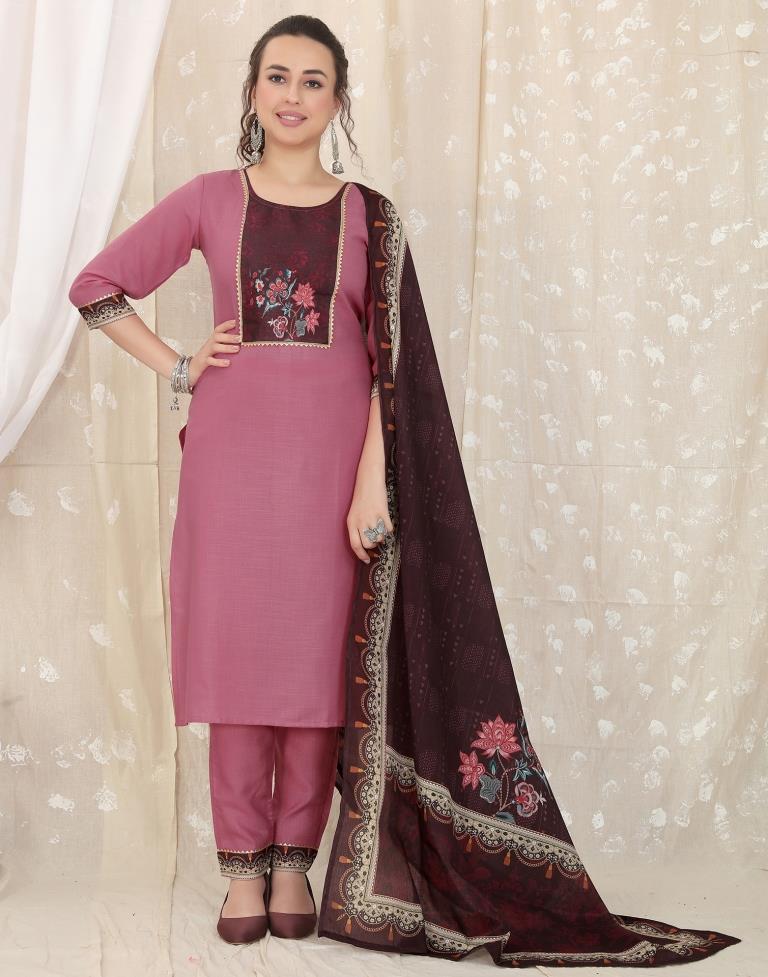 Dusty Pink Cotton Printed Straight Kurta With Pant And Dupatta | Leemboodi