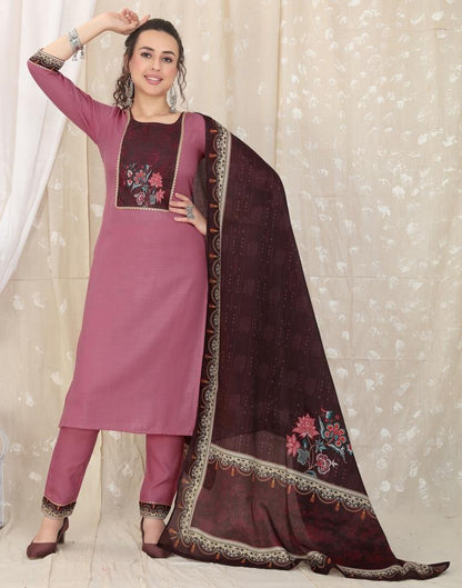 Dusty Pink Cotton Printed Straight Kurta With Pant And Dupatta | Leemboodi