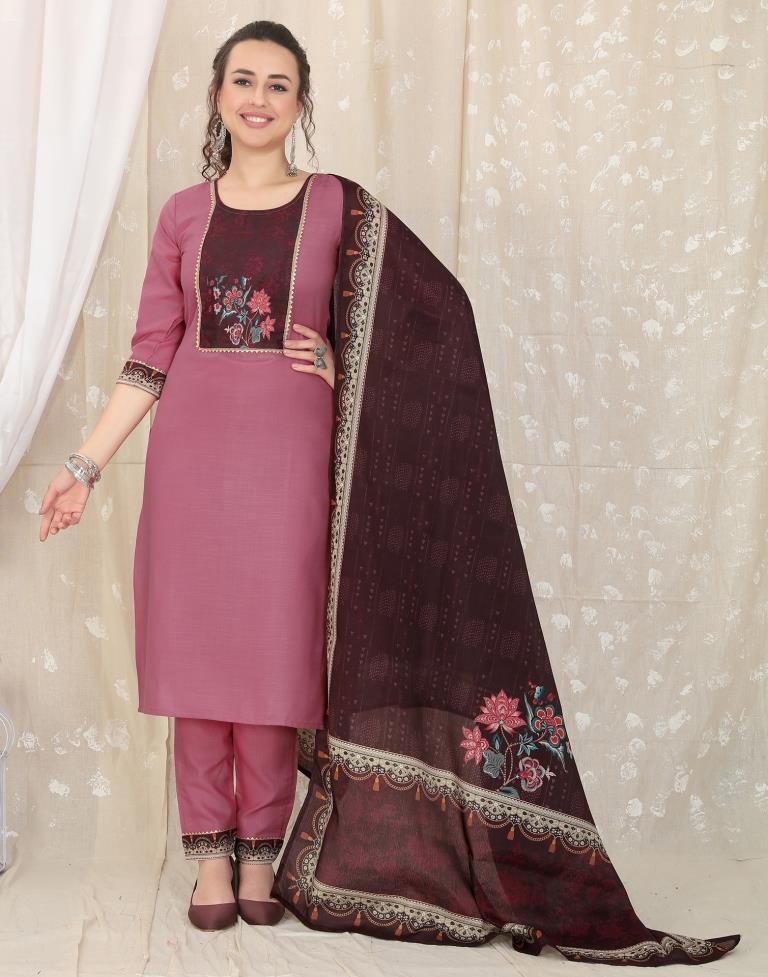 Dusty Pink Cotton Printed Straight Kurta With Pant And Dupatta | Leemboodi