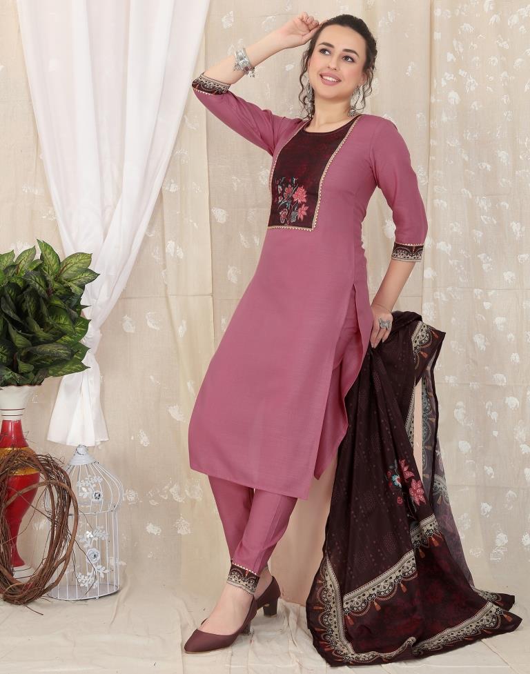 Dusty Pink Cotton Printed Straight Kurta With Pant And Dupatta | Leemboodi