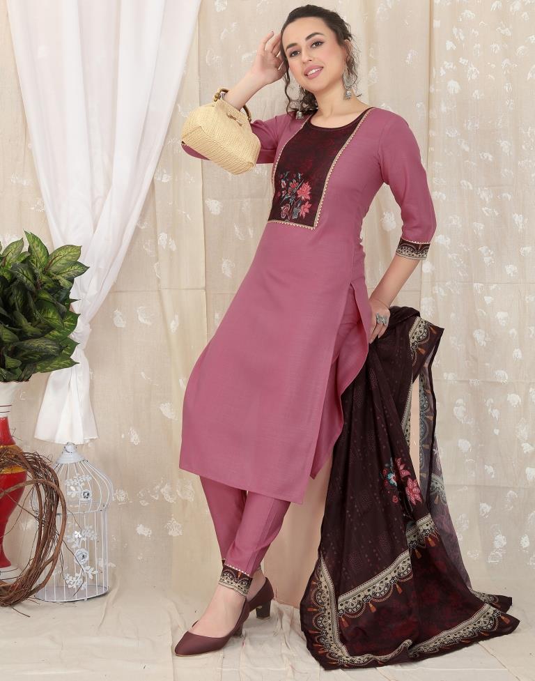 Dusty Pink Cotton Printed Straight Kurta With Pant And Dupatta | Leemboodi