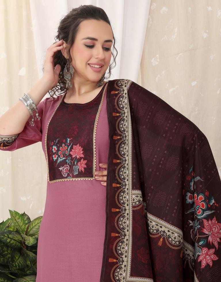 Dusty Pink Cotton Printed Straight Kurta With Pant And Dupatta | Leemboodi