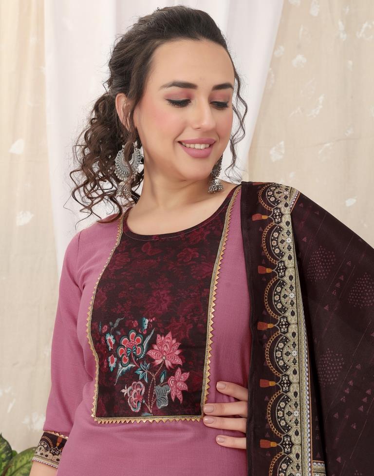 Dusty Pink Cotton Printed Straight Kurta With Pant And Dupatta | Leemboodi