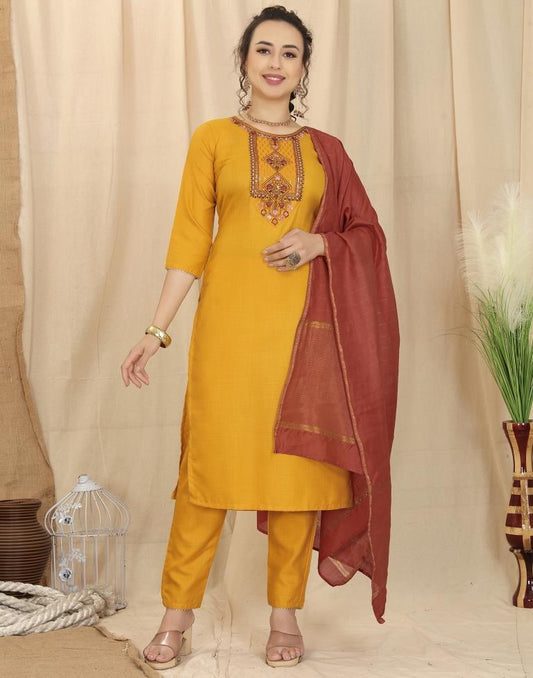 Mustard Yellow Cotton Embroidery Straight Kurta With Pant And Dupatta | Leemboodi