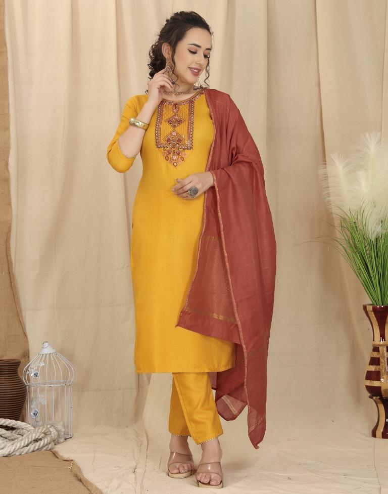 Mustard Yellow Cotton Embroidery Straight Kurta With Pant And Dupatta | Leemboodi