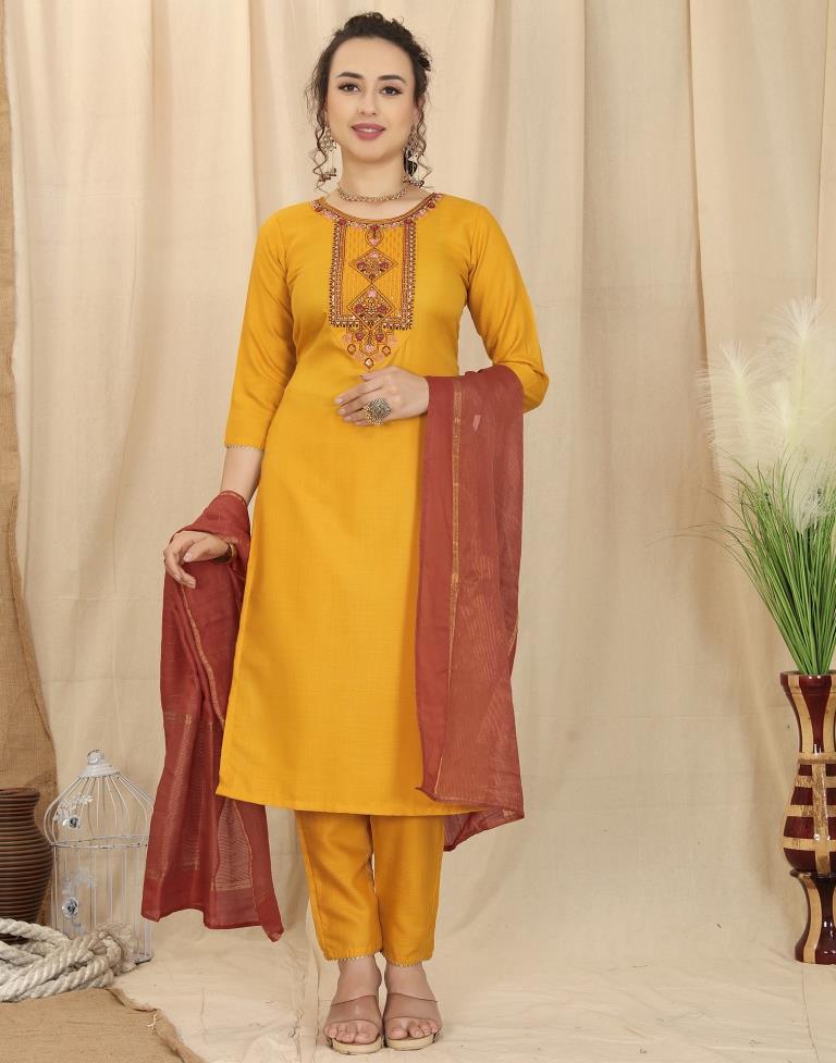 Mustard Yellow Cotton Embroidery Straight Kurta With Pant And Dupatta | Leemboodi