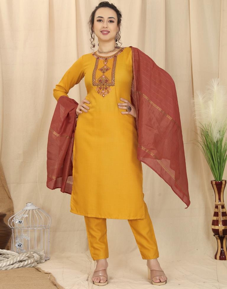 Mustard Yellow Cotton Embroidery Straight Kurta With Pant And Dupatta | Leemboodi