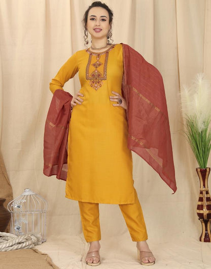 Mustard Yellow Cotton Embroidery Straight Kurta With Pant And Dupatta | Leemboodi