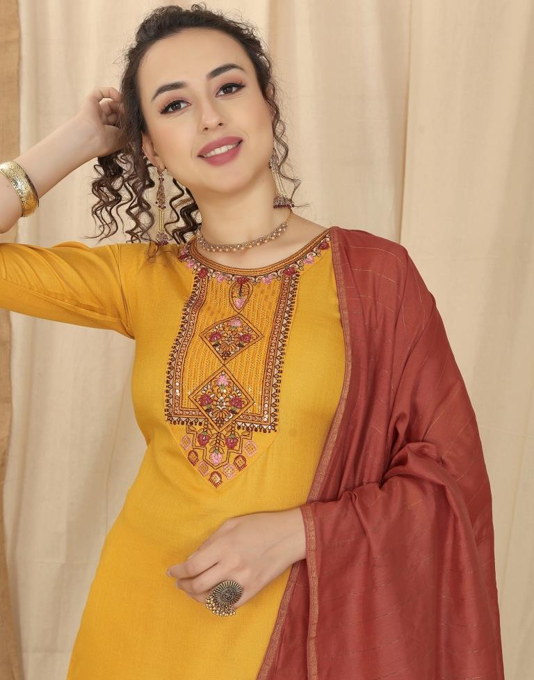 Mustard Yellow Cotton Embroidery Straight Kurta With Pant And Dupatta | Leemboodi