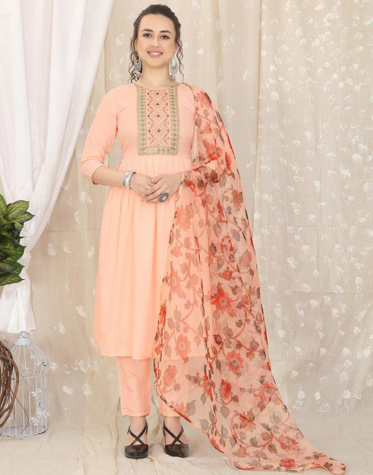 Peach Cotton Embroidery Straight Kurta With Pant And Dupatta | Leemboodi