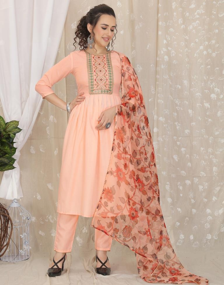 Peach Cotton Embroidery Straight Kurta With Pant And Dupatta | Leemboodi