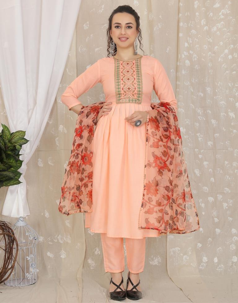 Peach Cotton Embroidery Straight Kurta With Pant And Dupatta | Leemboodi