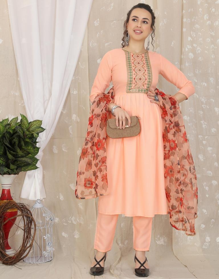 Peach Cotton Embroidery Straight Kurta With Pant And Dupatta | Leemboodi