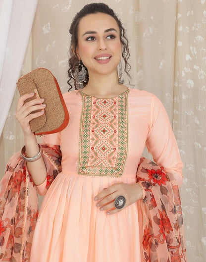 Peach Cotton Embroidery Straight Kurta With Pant And Dupatta | Leemboodi