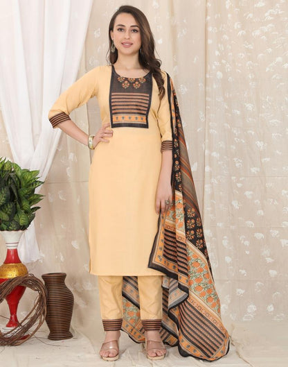 Beige Cotton Printed Straight Kurta With Pant And Dupatta | Leemboodi